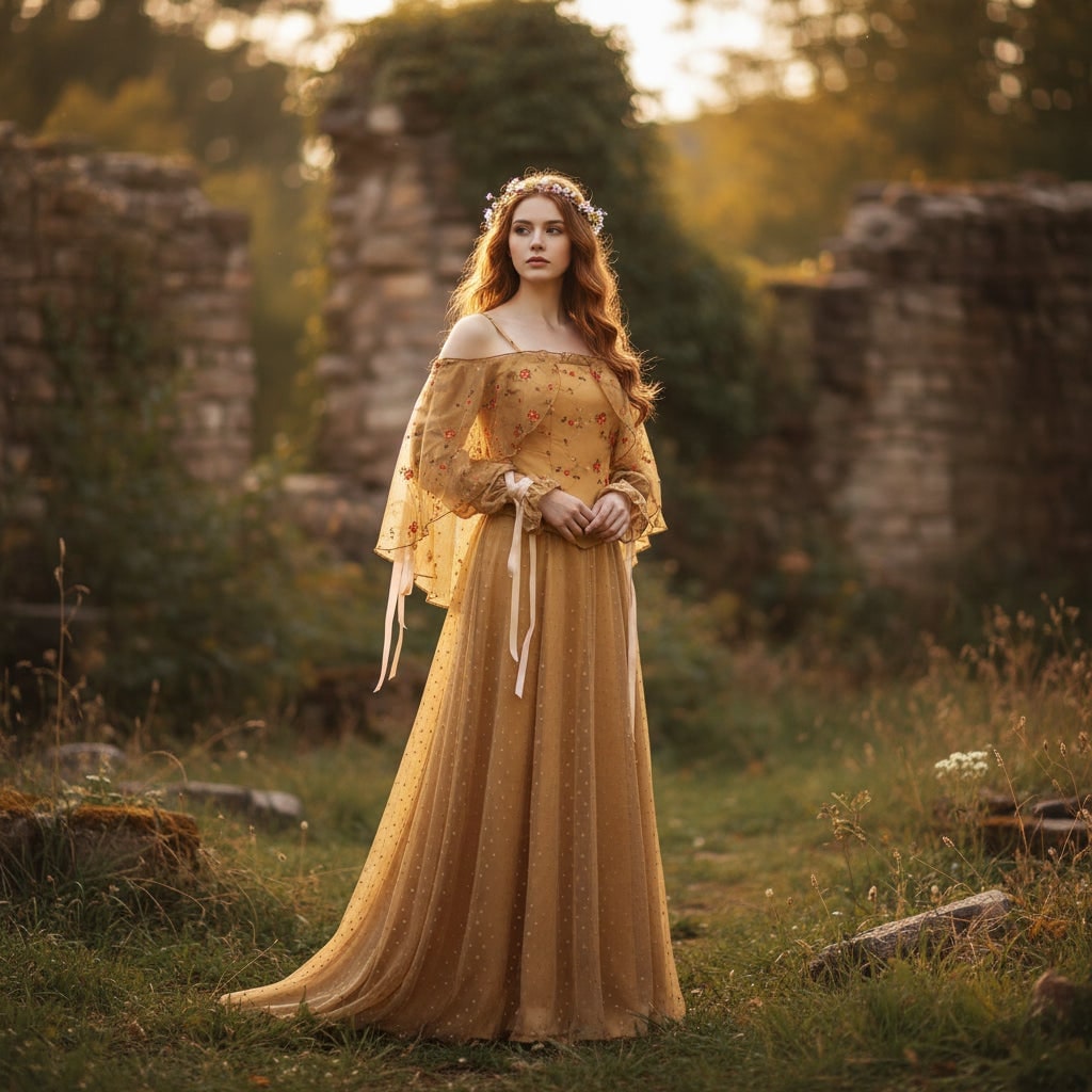 Medieval Halloween Dress with Embroidered Jacquard Bodice and Glitter Tulle Skirt