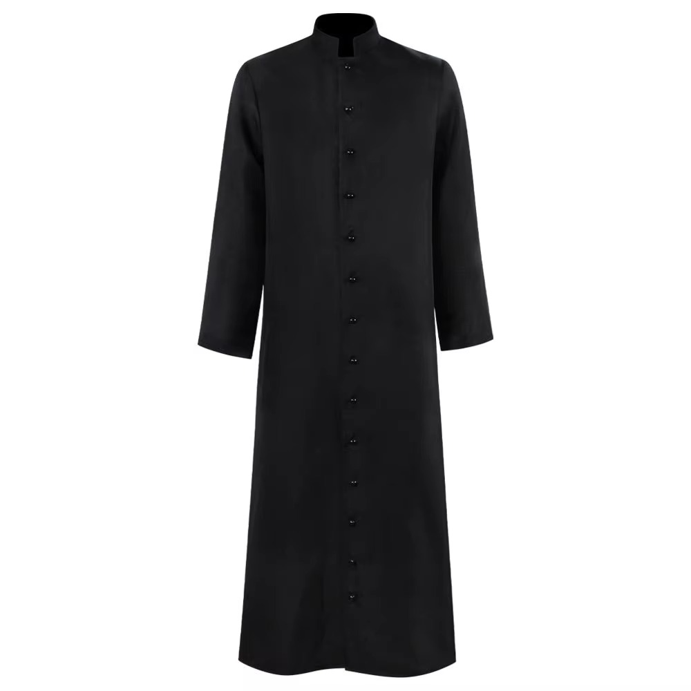 Halloween Costumes Priest Cassock Robe with Button Front Band Collar Ankle Length Clergy Outfit