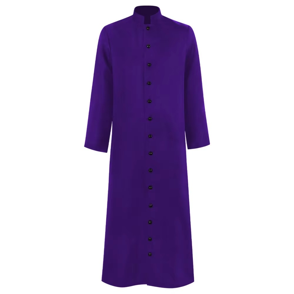Halloween Costumes Priest Cassock Robe with Button Front Band Collar Ankle Length Clergy Outfit