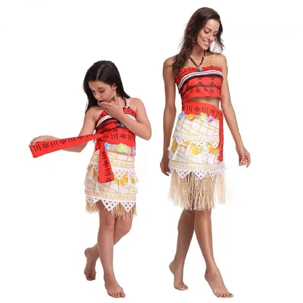 Tropical Island Princess Halloween Costume with Grass Skirt and Patterned Top