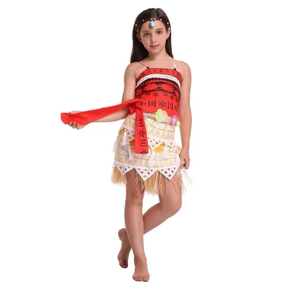 Tropical Island Princess Halloween Costume with Grass Skirt and Patterned Top