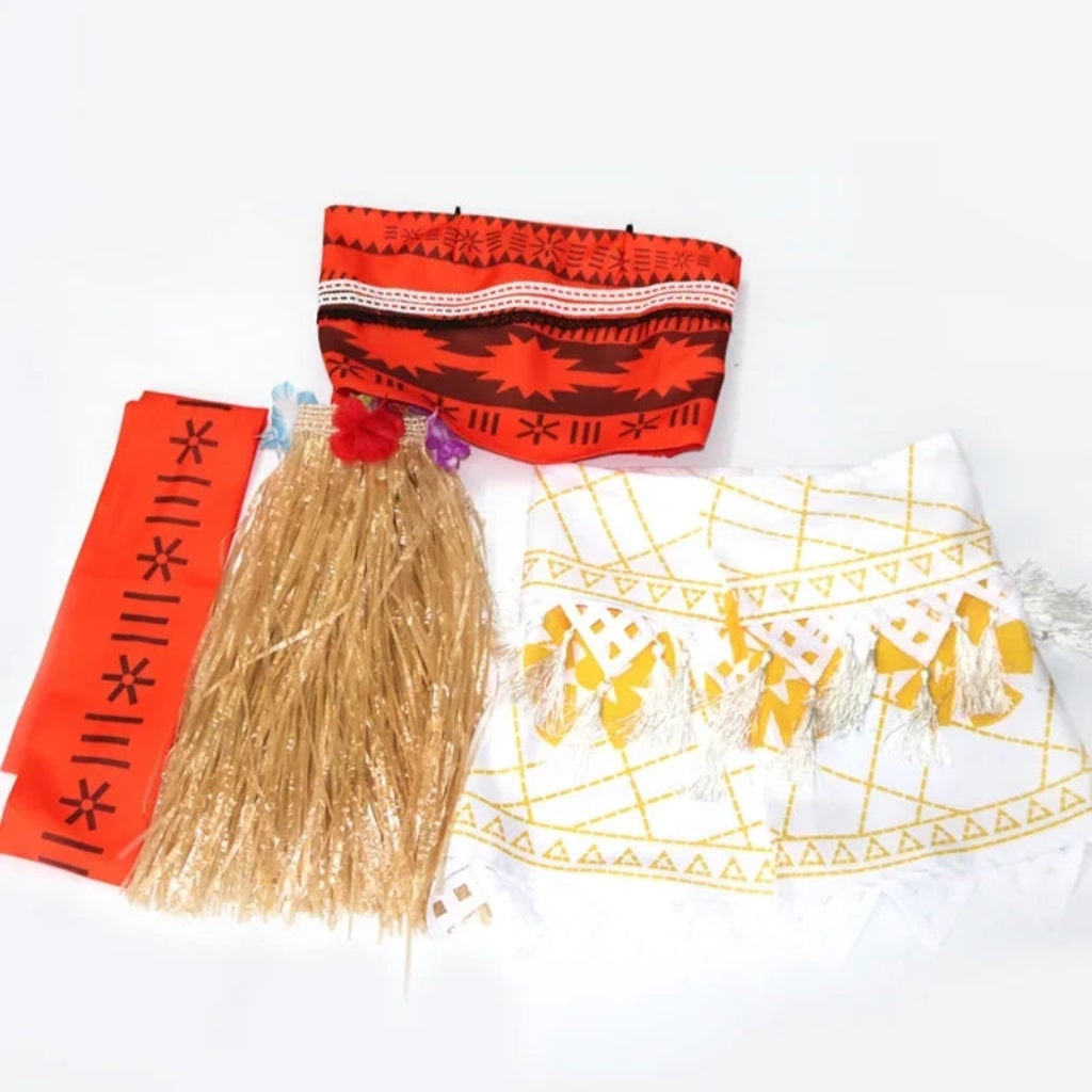 Tropical Island Princess Halloween Costume with Grass Skirt and Patterned Top