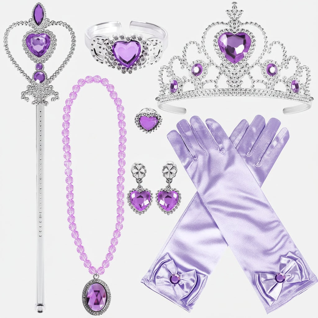 Princess Halloween Costumes Dress Up Accessory Set with Tiara Wand Satin Gloves and Jewellery
