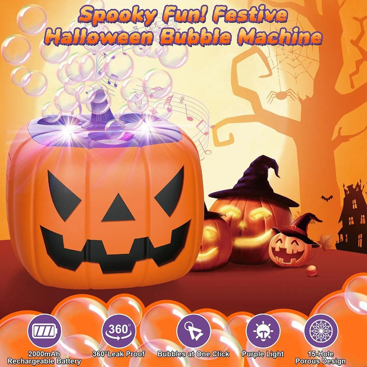 Halloween Pumpkin Bubble Machine with Glowing LED Lights and Automatic Blower