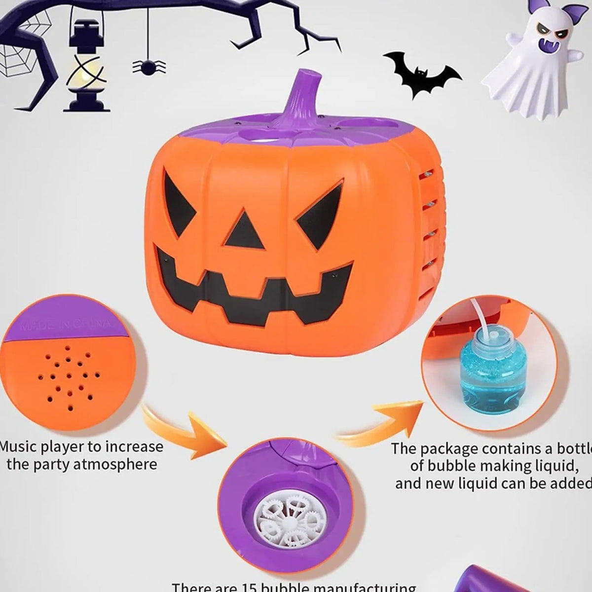 Halloween Pumpkin Bubble Machine with Glowing LED Lights and Automatic Blower