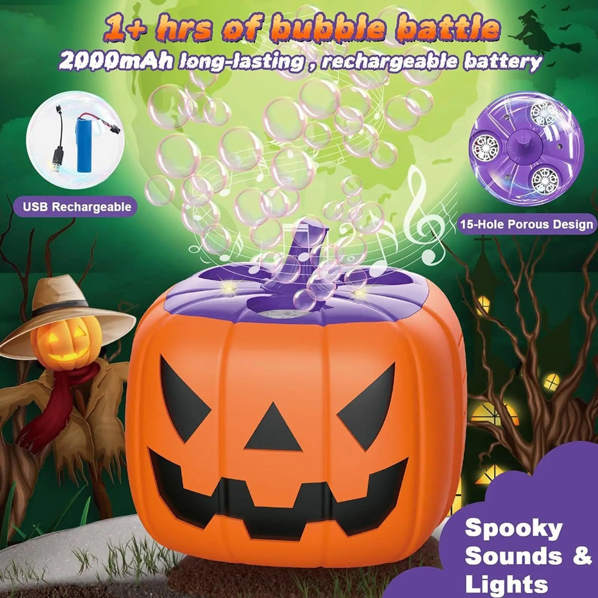 Halloween Pumpkin Bubble Machine with Glowing LED Lights and Automatic Blower