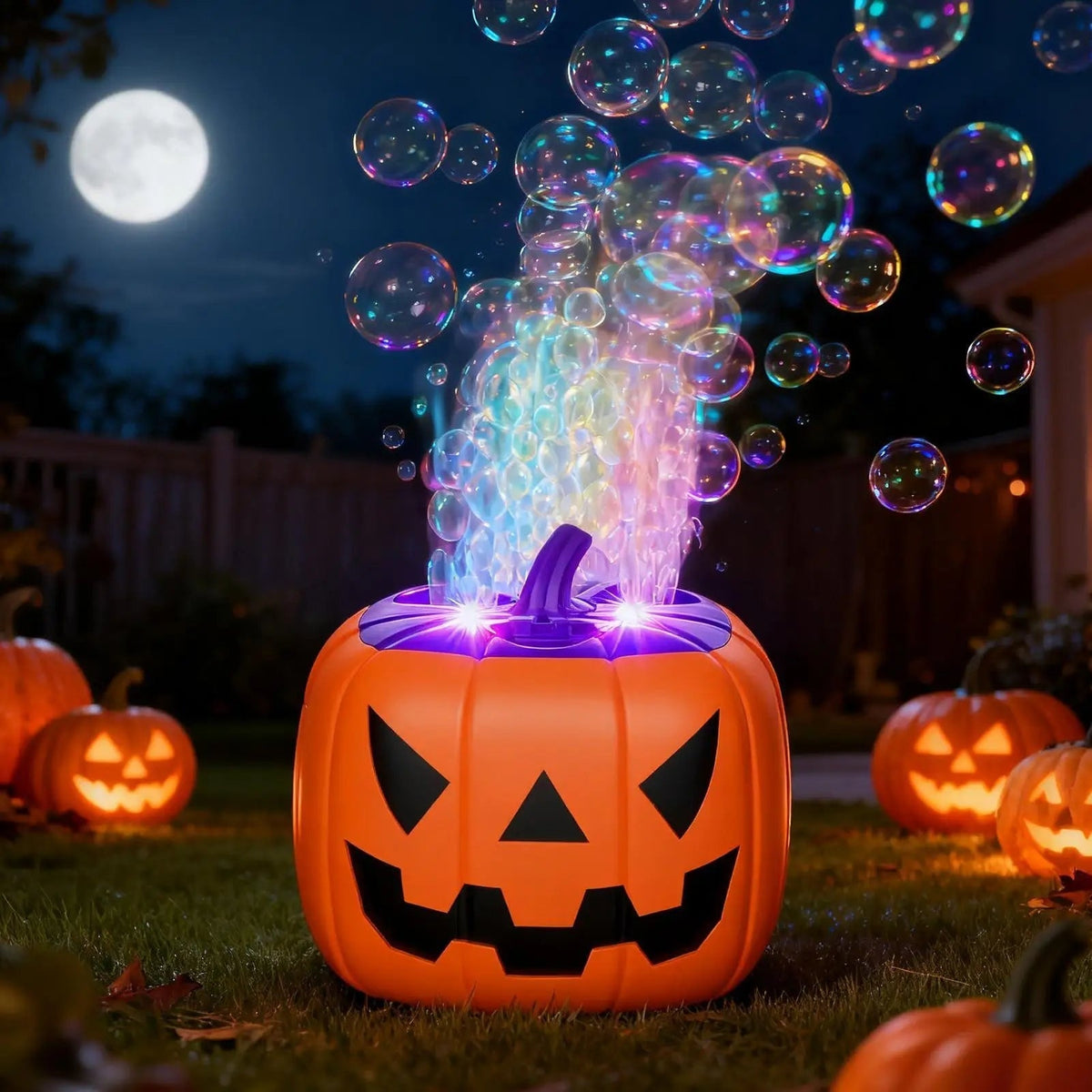 Halloween Pumpkin Bubble Machine with Glowing LED Lights and Automatic Blower