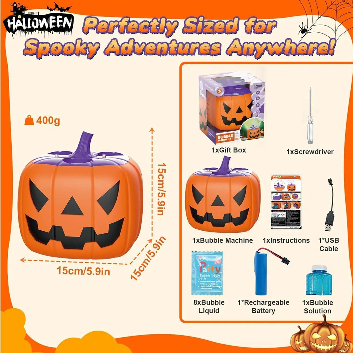Halloween Pumpkin Bubble Machine with Glowing LED Lights and Automatic Blower