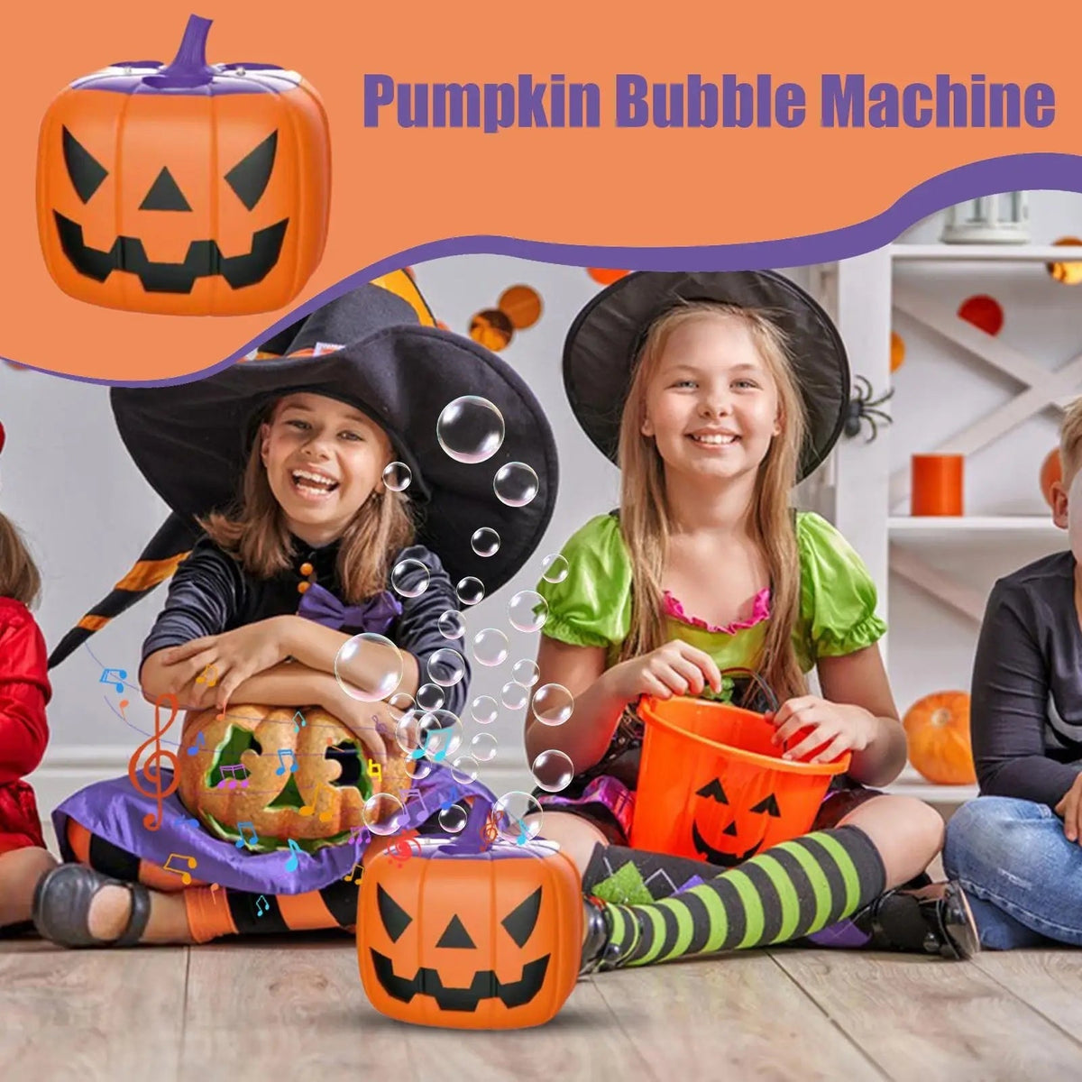 Halloween Pumpkin Bubble Machine with Glowing LED Lights and Automatic Blower