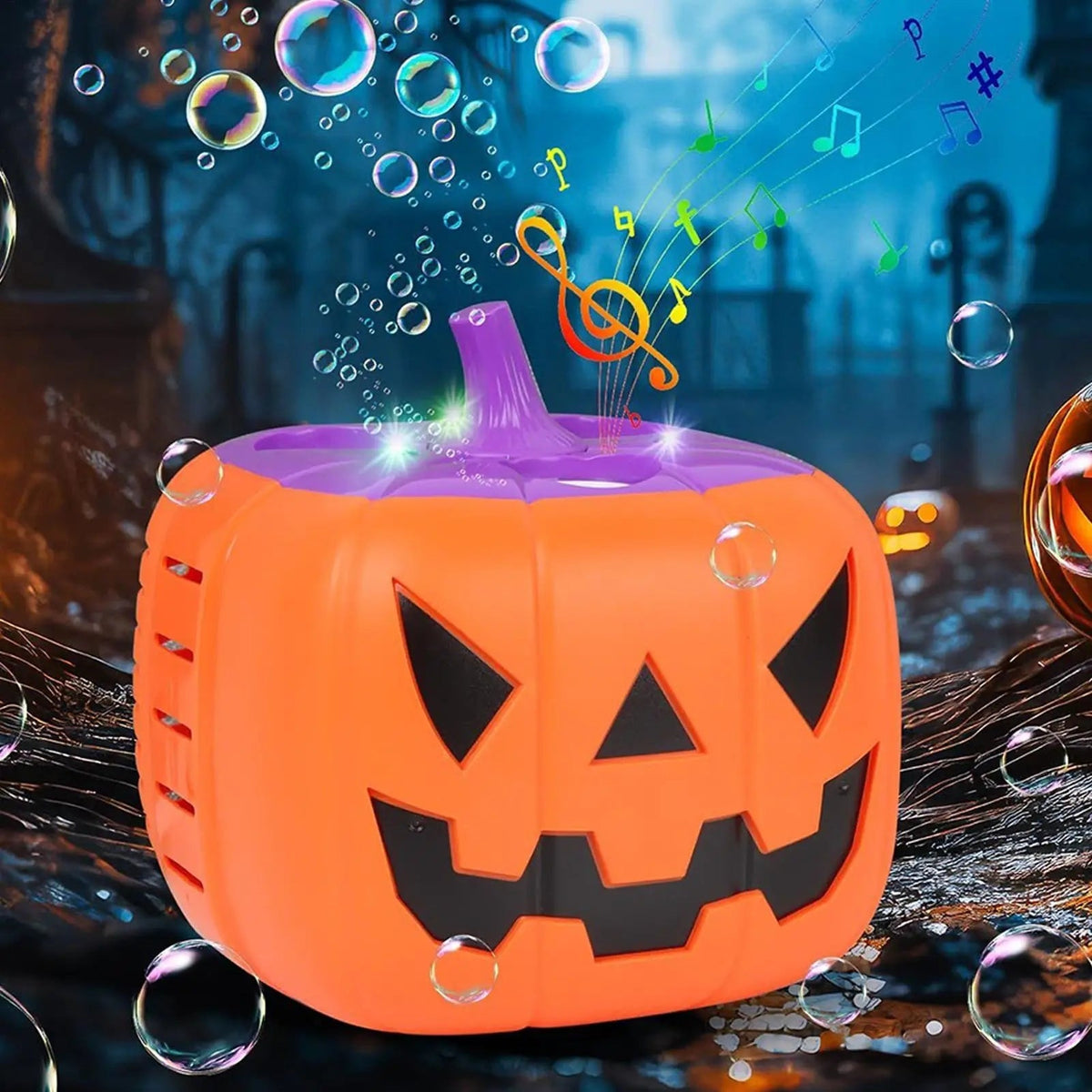 Halloween Pumpkin Bubble Machine with Glowing LED Lights and Automatic Blower