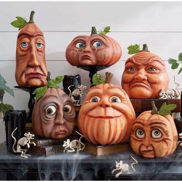 Halloween Pumpkin Faces Resin Decorations with Hand Painted Expressive Eyes for Front Door