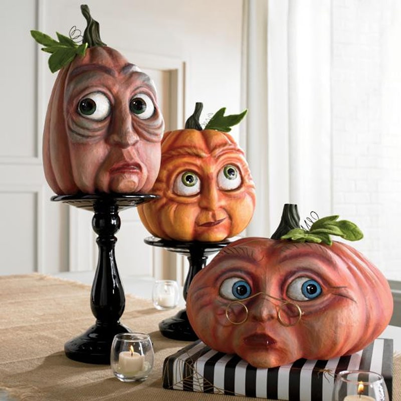 Halloween Pumpkin Faces Resin Decorations with Hand Painted Expressive Eyes for Front Door