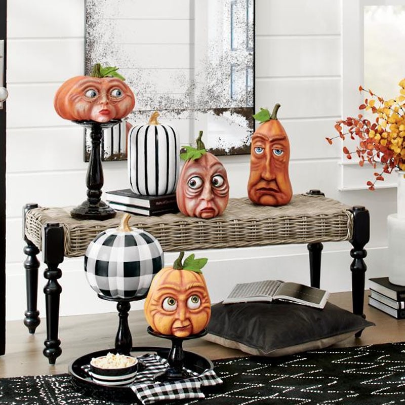 Halloween Pumpkin Faces Resin Decorations with Hand Painted Expressive Eyes for Front Door