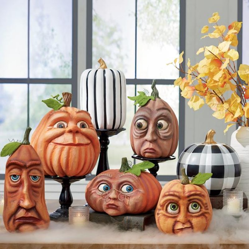 Halloween Pumpkin Faces Resin Decorations with Hand Painted Expressive Eyes for Front Door
