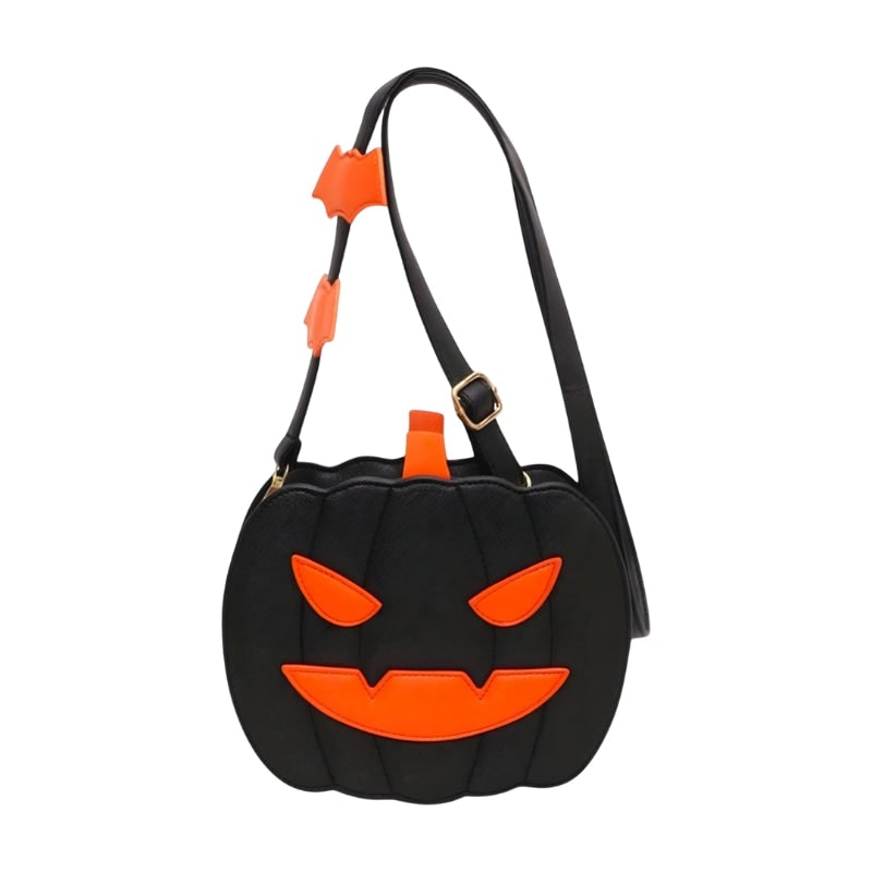 Faux Leather Halloween Pumpkin Crossbody Bag with Carved Face and Bat Accents