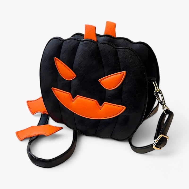 Faux Leather Halloween Pumpkin Crossbody Bag with Carved Face and Bat Accents