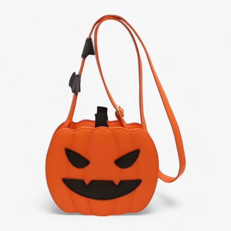 Faux Leather Halloween Pumpkin Crossbody Bag with Carved Face and Bat Accents