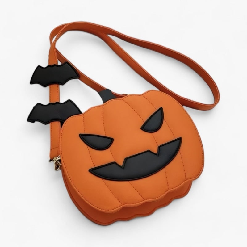 Faux Leather Halloween Pumpkin Crossbody Bag with Carved Face and Bat Accents