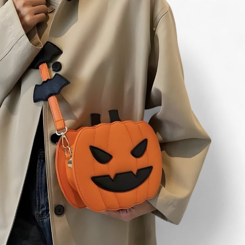 Faux Leather Halloween Pumpkin Crossbody Bag with Carved Face and Bat Accents