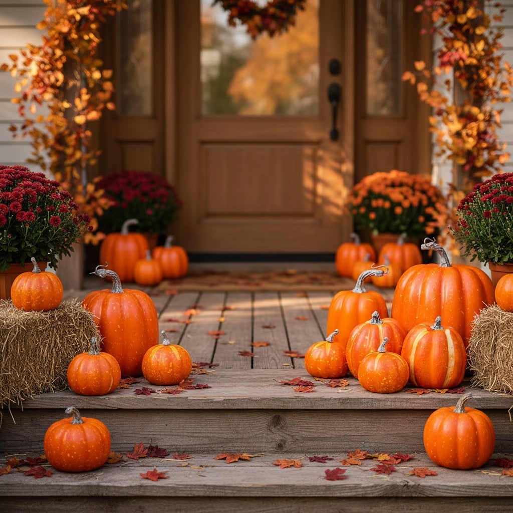 Halloween Pumpkin Set of 7 Lightweight Foam with Ribbed Texture and Curved Stems for Autumn Display