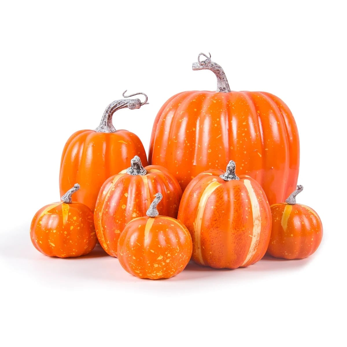 Halloween Pumpkin Set of 7 Lightweight Foam with Ribbed Texture and Curved Stems for Autumn Display