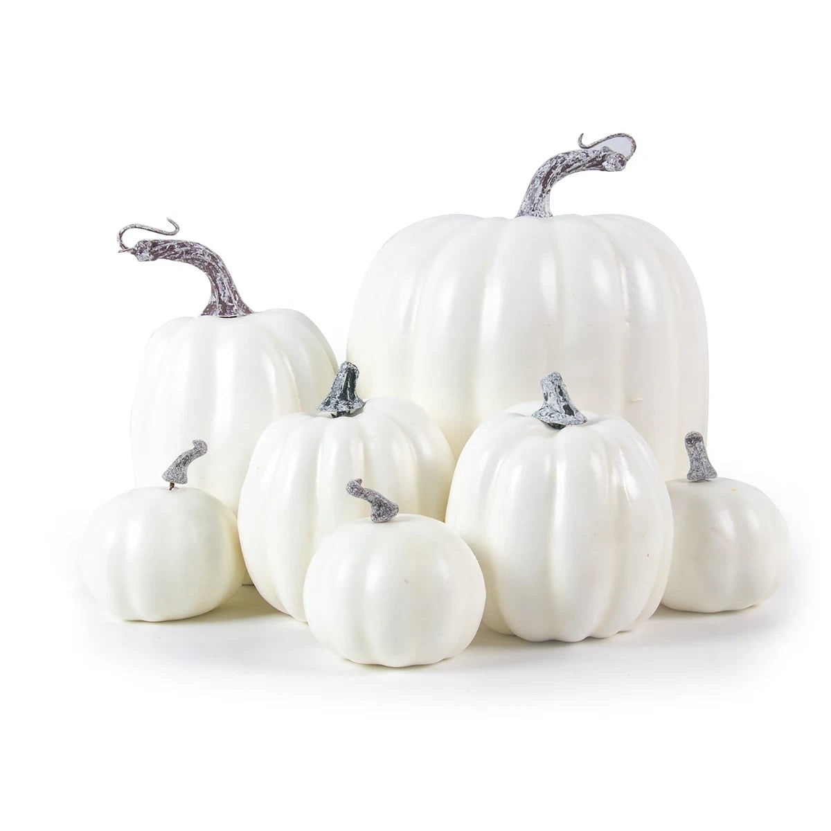 Halloween Pumpkin Set of 7 Lightweight Foam with Ribbed Texture and Curved Stems for Autumn Display