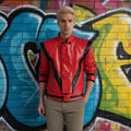 Red Faux Leather Biker Jacket with Black Trim and V Stripe for Halloween Costume