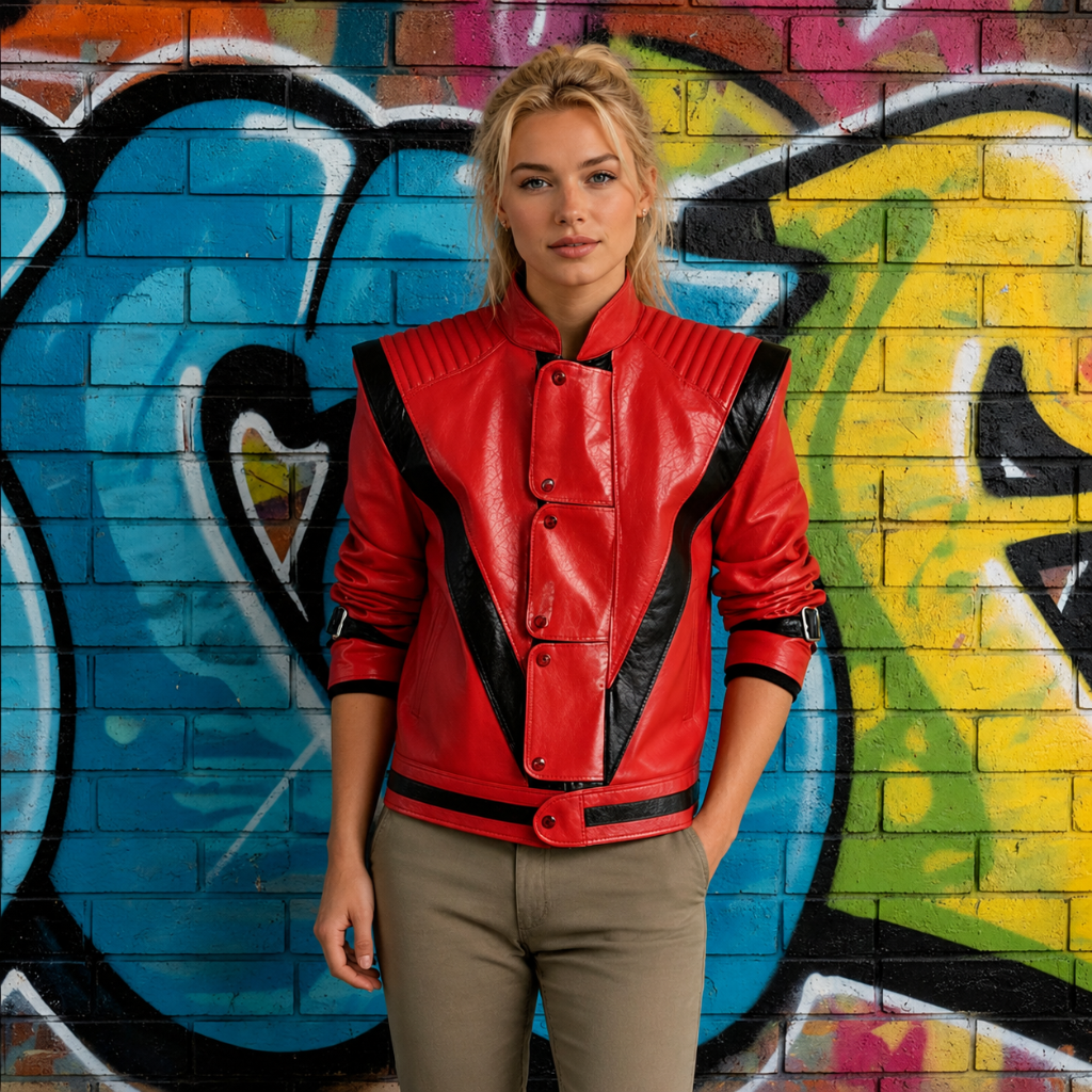 Red Faux Leather Biker Jacket with Black Trim and V Stripe for Halloween Costume
