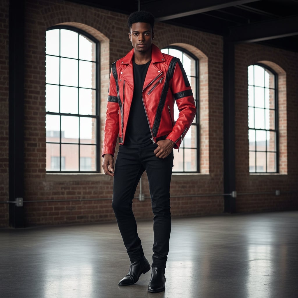 Red Faux Leather Biker Jacket with Black Trim and V Stripe for Halloween Costume