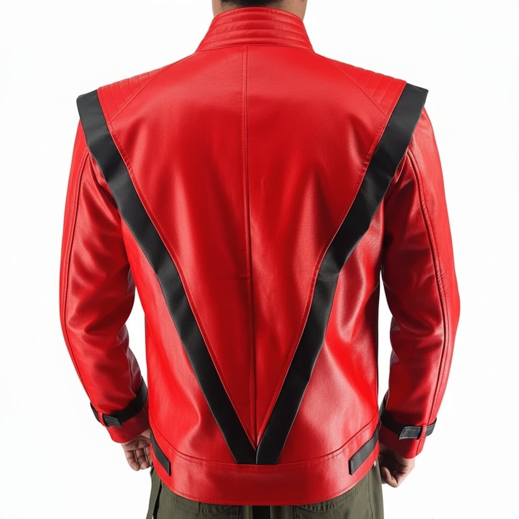 Red Faux Leather Biker Jacket with Black Trim and V Stripe for Halloween Costume