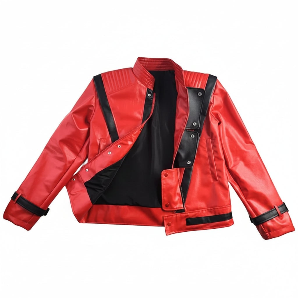 Red Faux Leather Biker Jacket with Black Trim and V Stripe for Halloween Costume