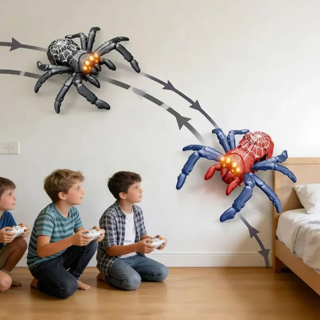Halloween Spider Remote Control Wall Climbing Toy with Glowing Eyes and Web Pattern