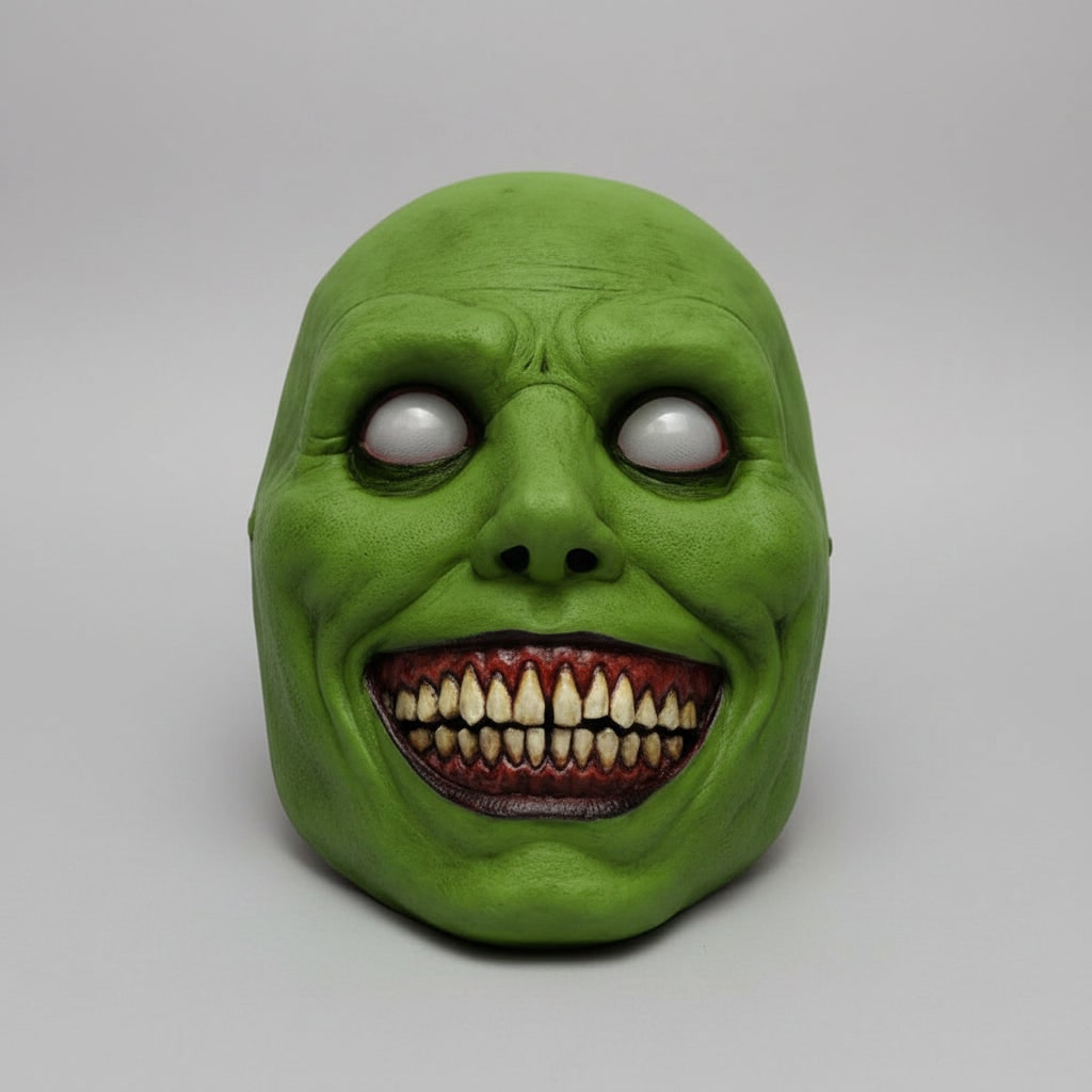 Scary Halloween Mask with Grinning Demon Face and Textured Wrinkled Latex Skin