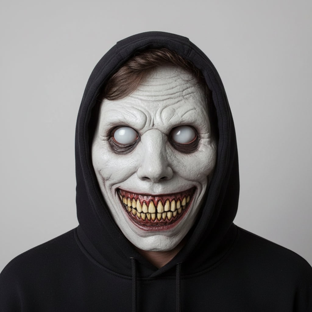 Scary Halloween Mask with Grinning Demon Face and Textured Wrinkled Latex Skin