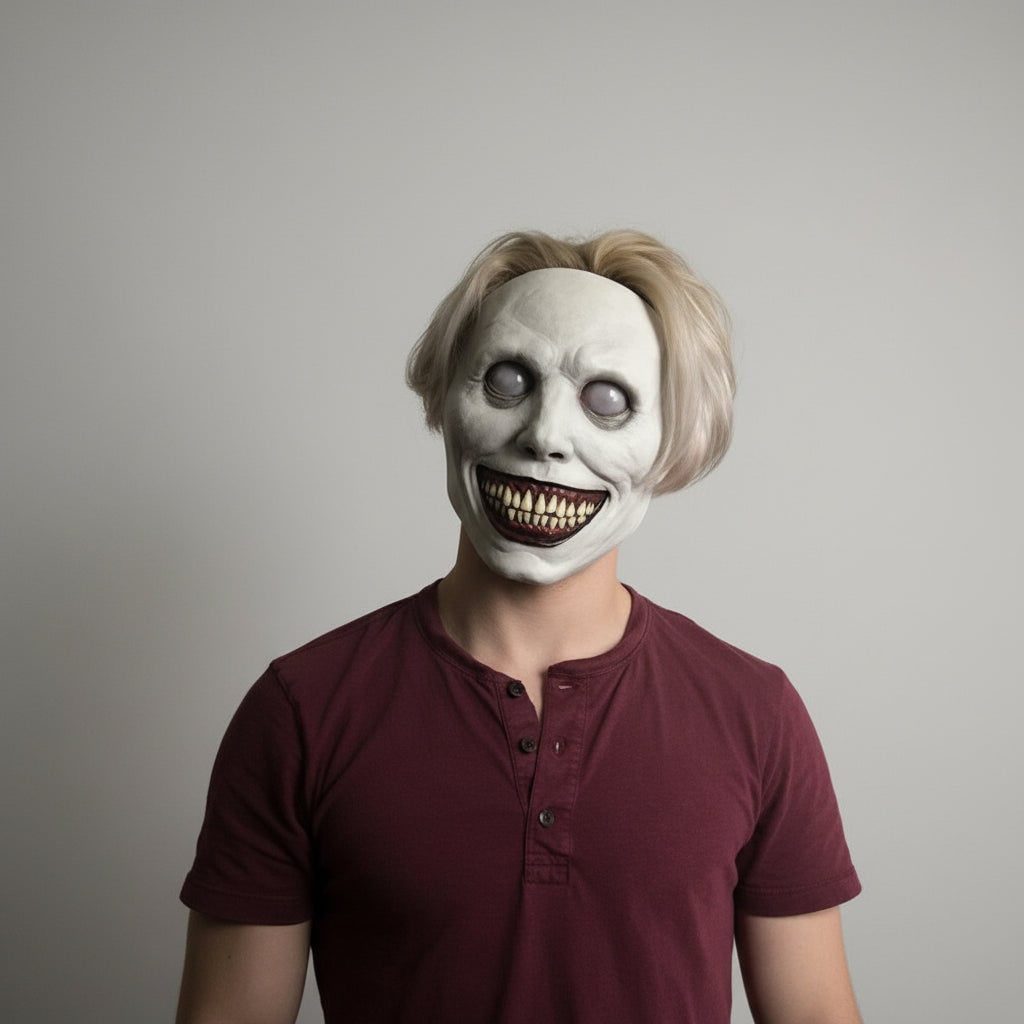 Scary Halloween Mask with Grinning Demon Face and Textured Wrinkled Latex Skin