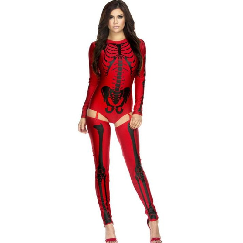 Skeleton Halloween Costume for Women with Bone Print Bodysuit and Thigh High Leggings