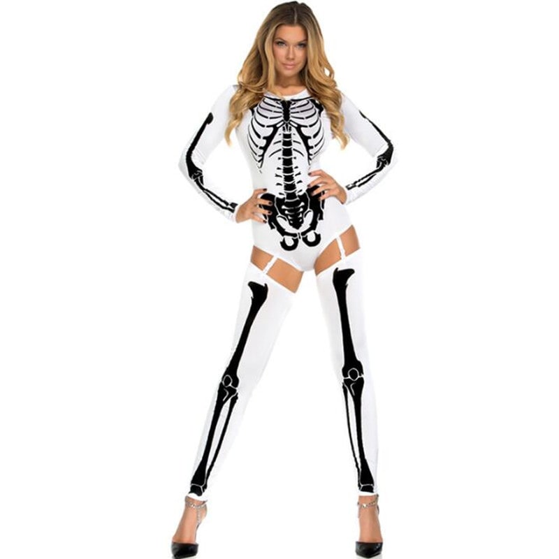 Skeleton Halloween Costume for Women with Bone Print Bodysuit and Thigh High Leggings