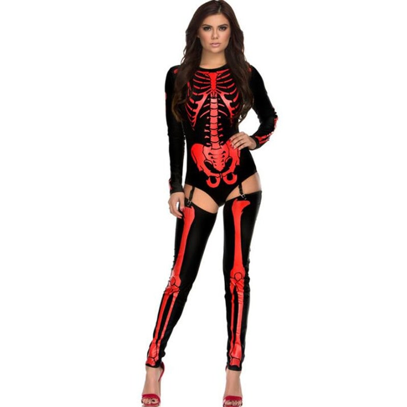 Skeleton Halloween Costume for Women with Bone Print Bodysuit and Thigh High Leggings