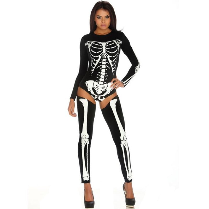 Skeleton Halloween Costume for Women with Bone Print Bodysuit and Thigh High Leggings