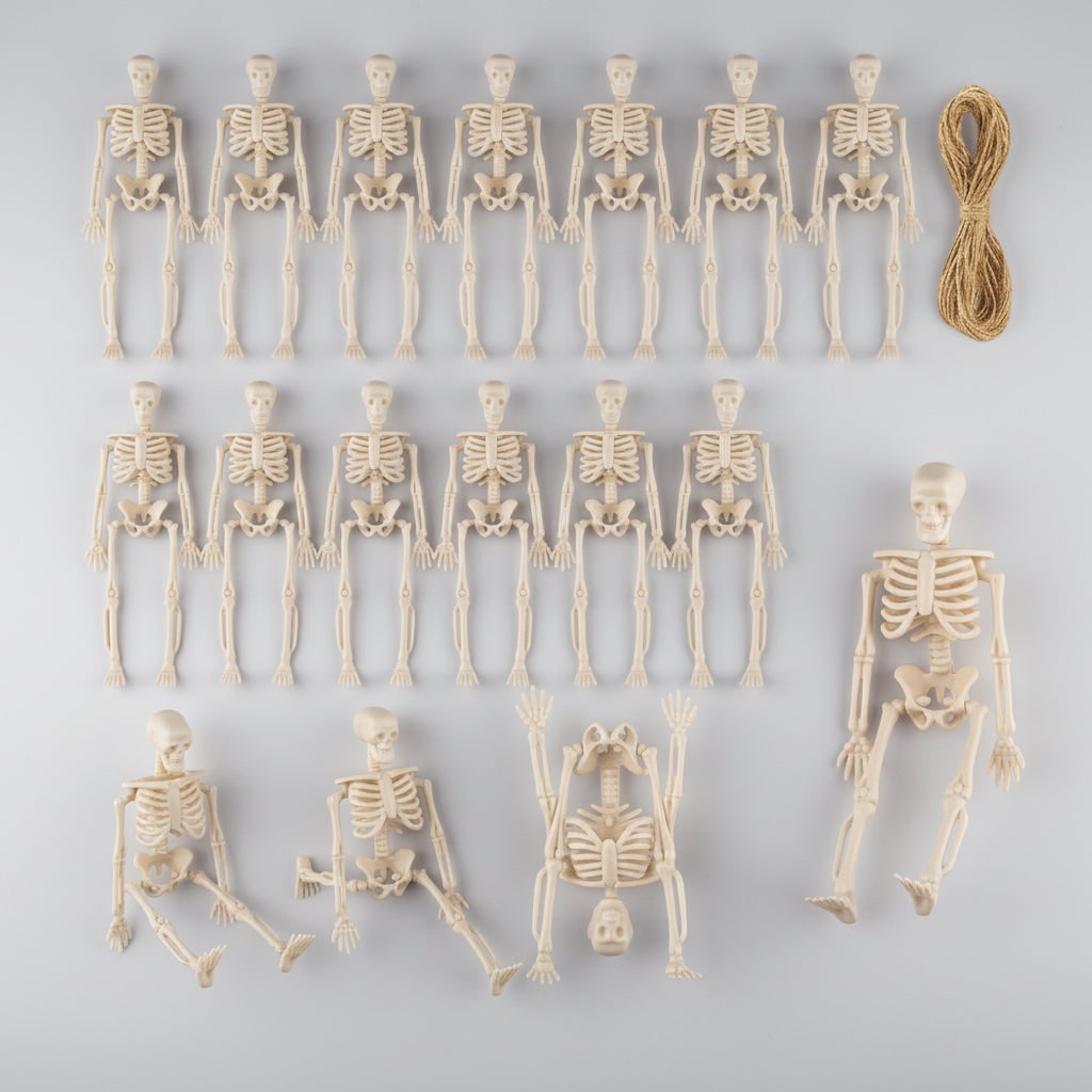 Mini Posable Halloween Skeleton Decorations in Moulded Plastic with Jute Twine