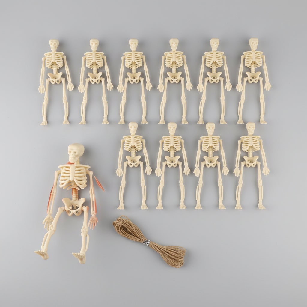Mini Posable Halloween Skeleton Decorations in Moulded Plastic with Jute Twine