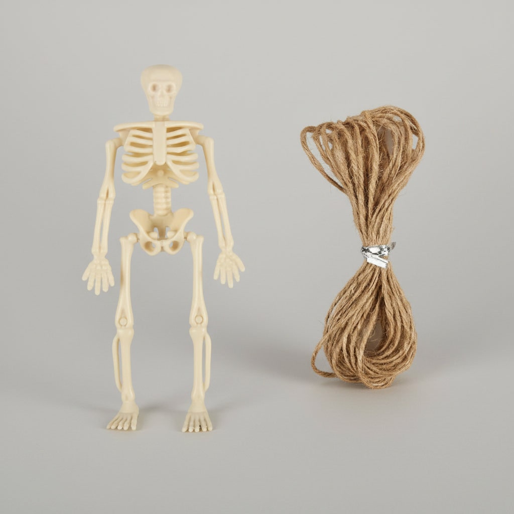 Mini Posable Halloween Skeleton Decorations in Moulded Plastic with Jute Twine
