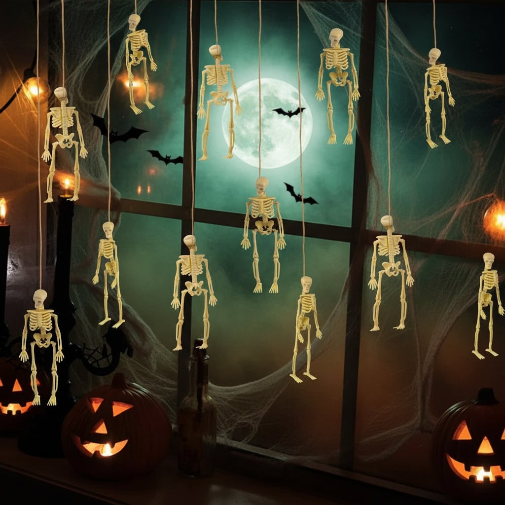 Mini Posable Halloween Skeleton Decorations in Moulded Plastic with Jute Twine