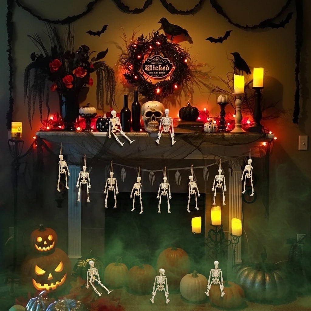 Mini Posable Halloween Skeleton Decorations in Moulded Plastic with Jute Twine