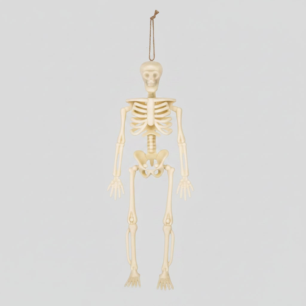 Mini Posable Halloween Skeleton Decorations in Moulded Plastic with Jute Twine