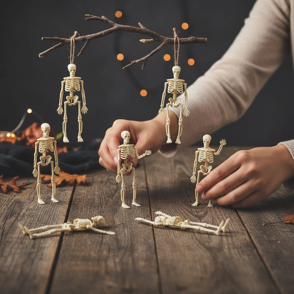 Halloween House Decorations Mini Poseable Plastic Skeleton Figures with Jute Twine for Party