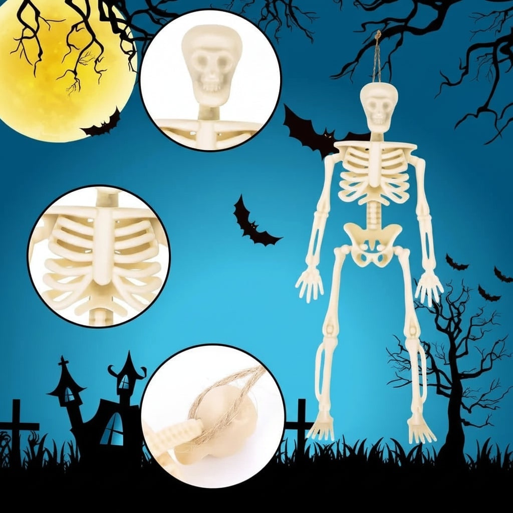Halloween House Decorations Mini Poseable Plastic Skeleton Figures with Jute Twine for Party