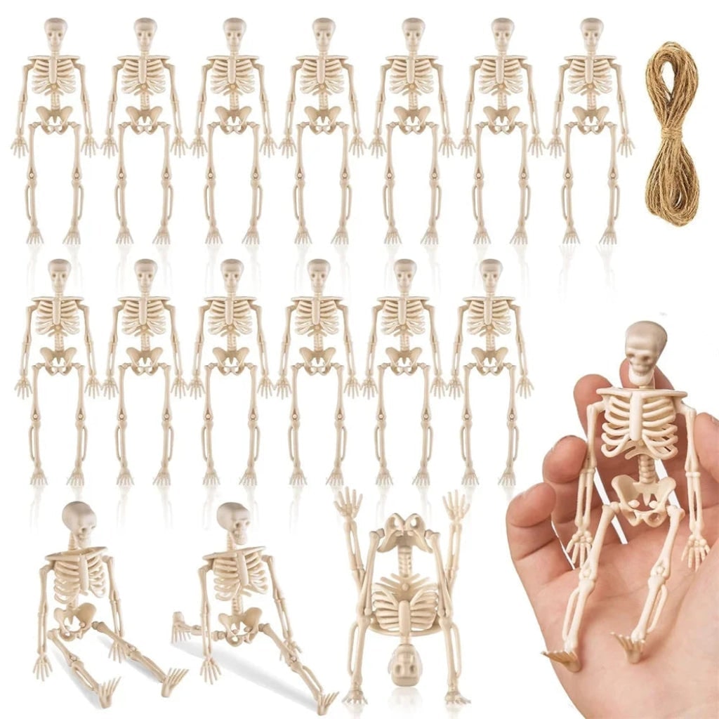 Halloween House Decorations Mini Poseable Plastic Skeleton Figures with Jute Twine for Party