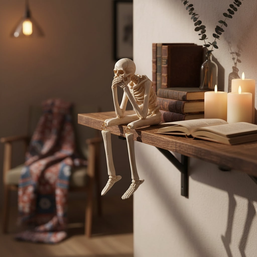 Halloween Skeleton Shelf Sitter Figurine with Dangling Legs and Poseable Resin Joints