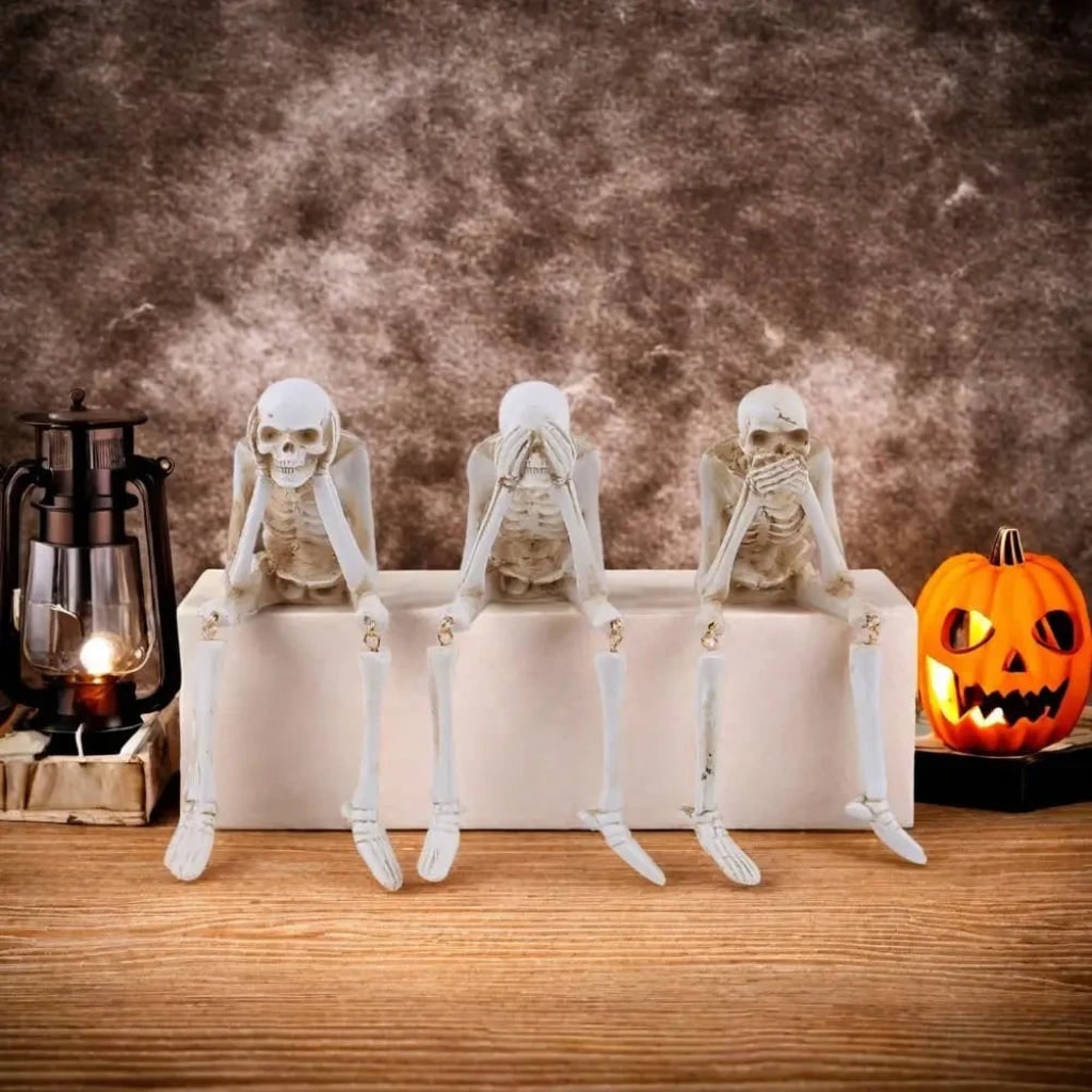 Halloween Skeleton Shelf Sitter Figurine with Dangling Legs and Poseable Resin Joints